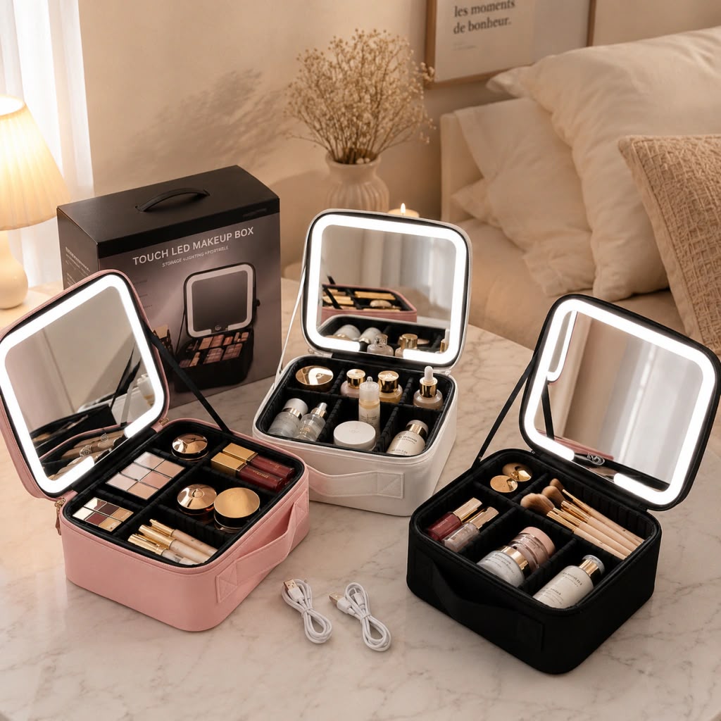 Organizador de maquillaje port&aacute;til con espejo LED